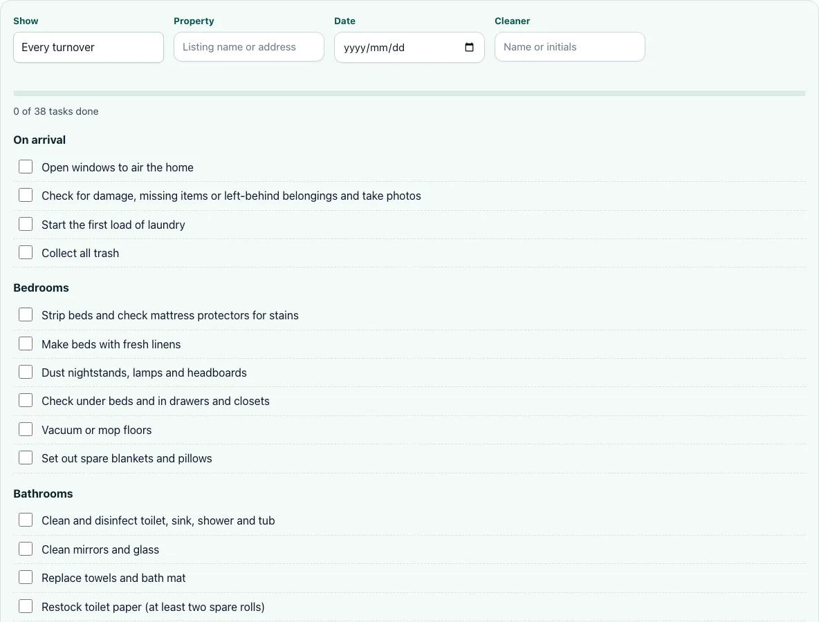 Airbnb cleaning checklist example
