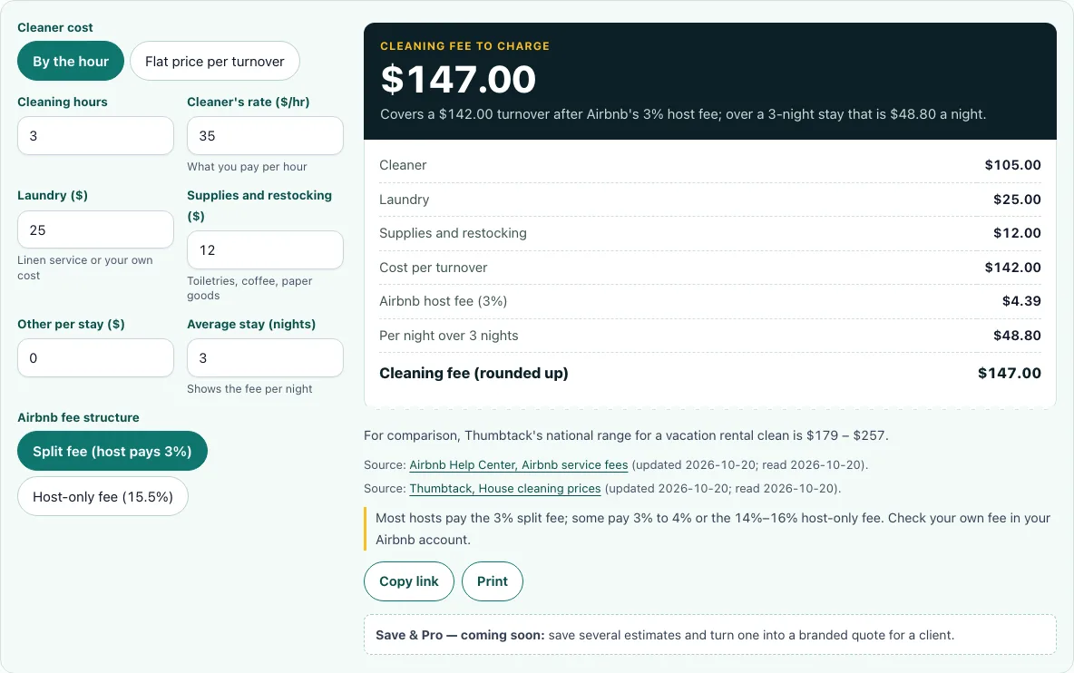 Airbnb cleaning fee calculator example