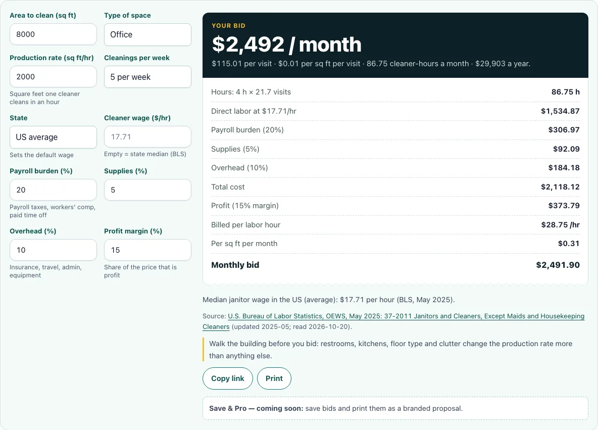 Cleaning bid calculator example
