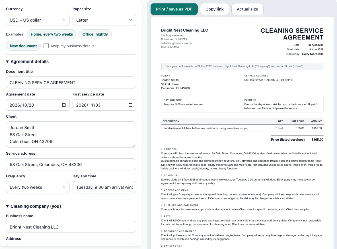 Cleaning contract template example