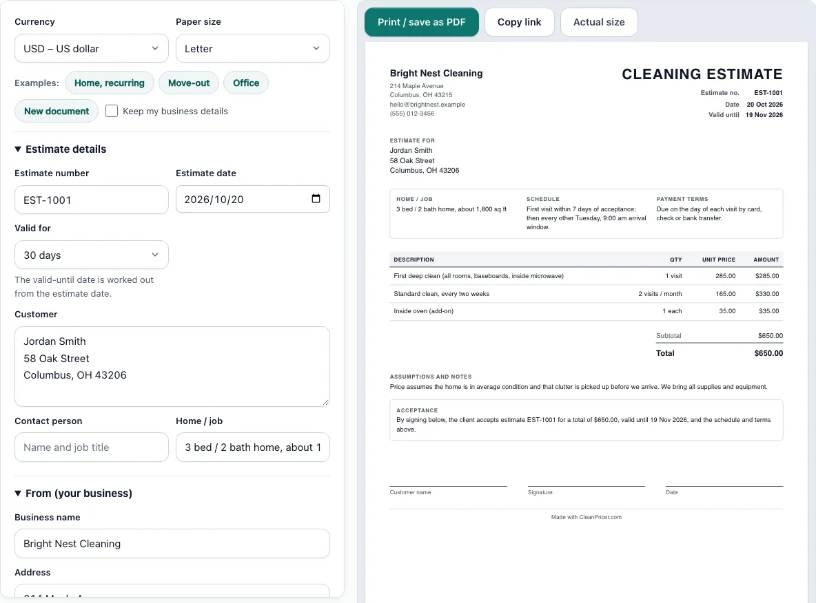 Cleaning estimate template example