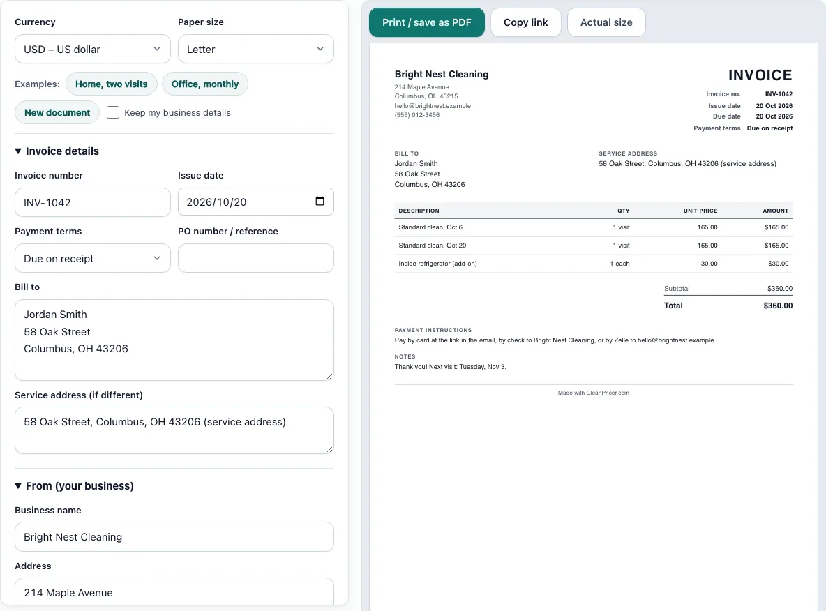 Cleaning invoice template example