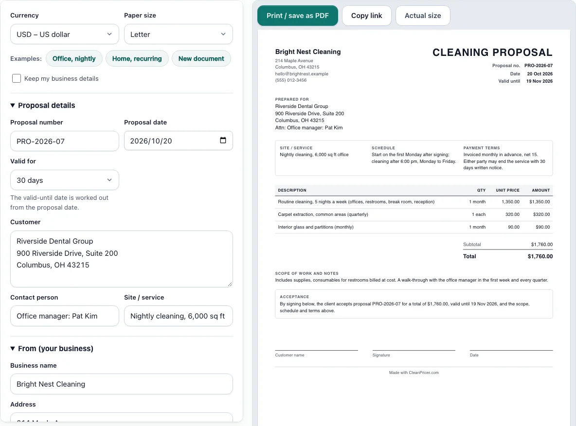 Cleaning proposal template example