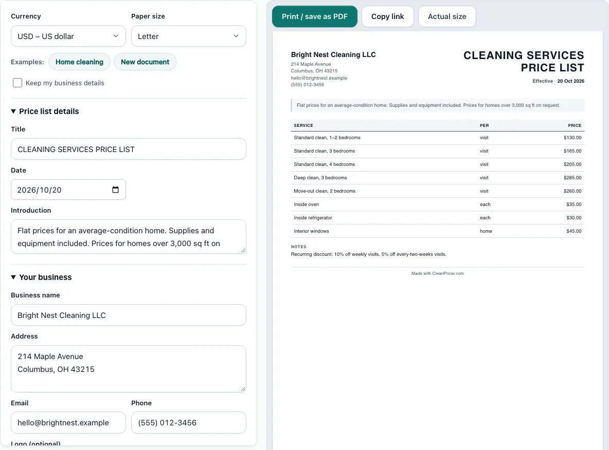 Cleaning services price list example