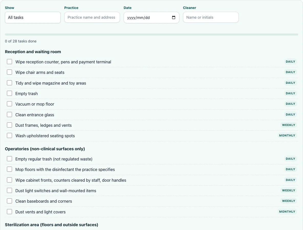 Dental office cleaning checklist example