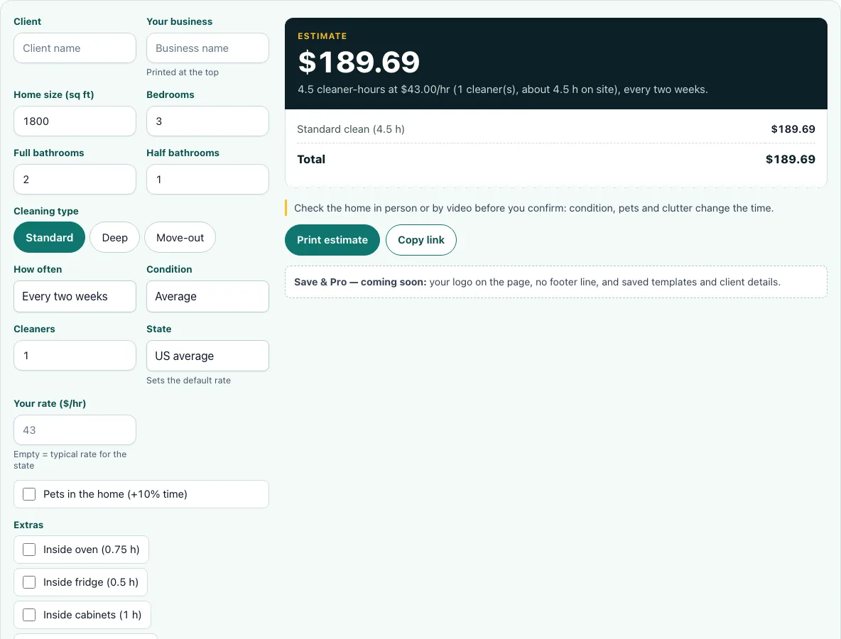 House cleaning estimate calculator example