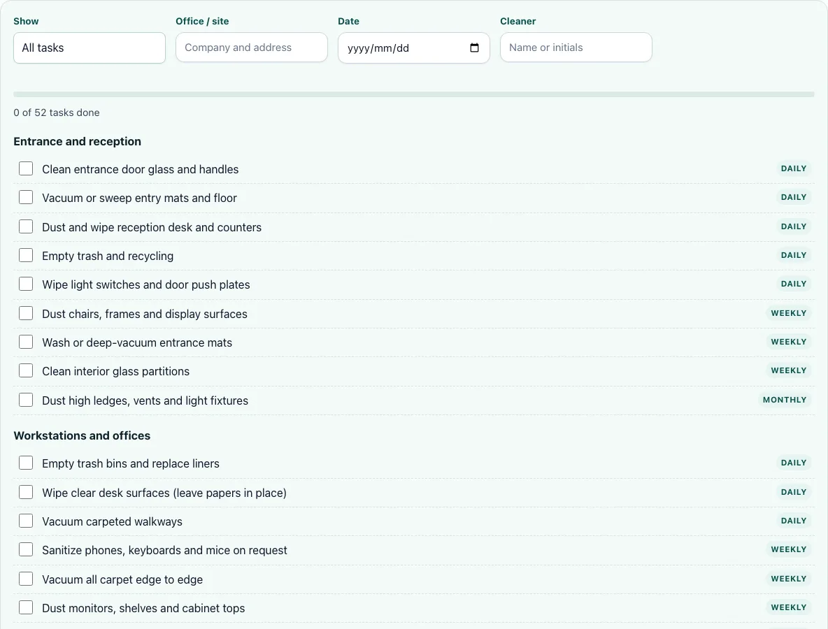 Office cleaning checklist example